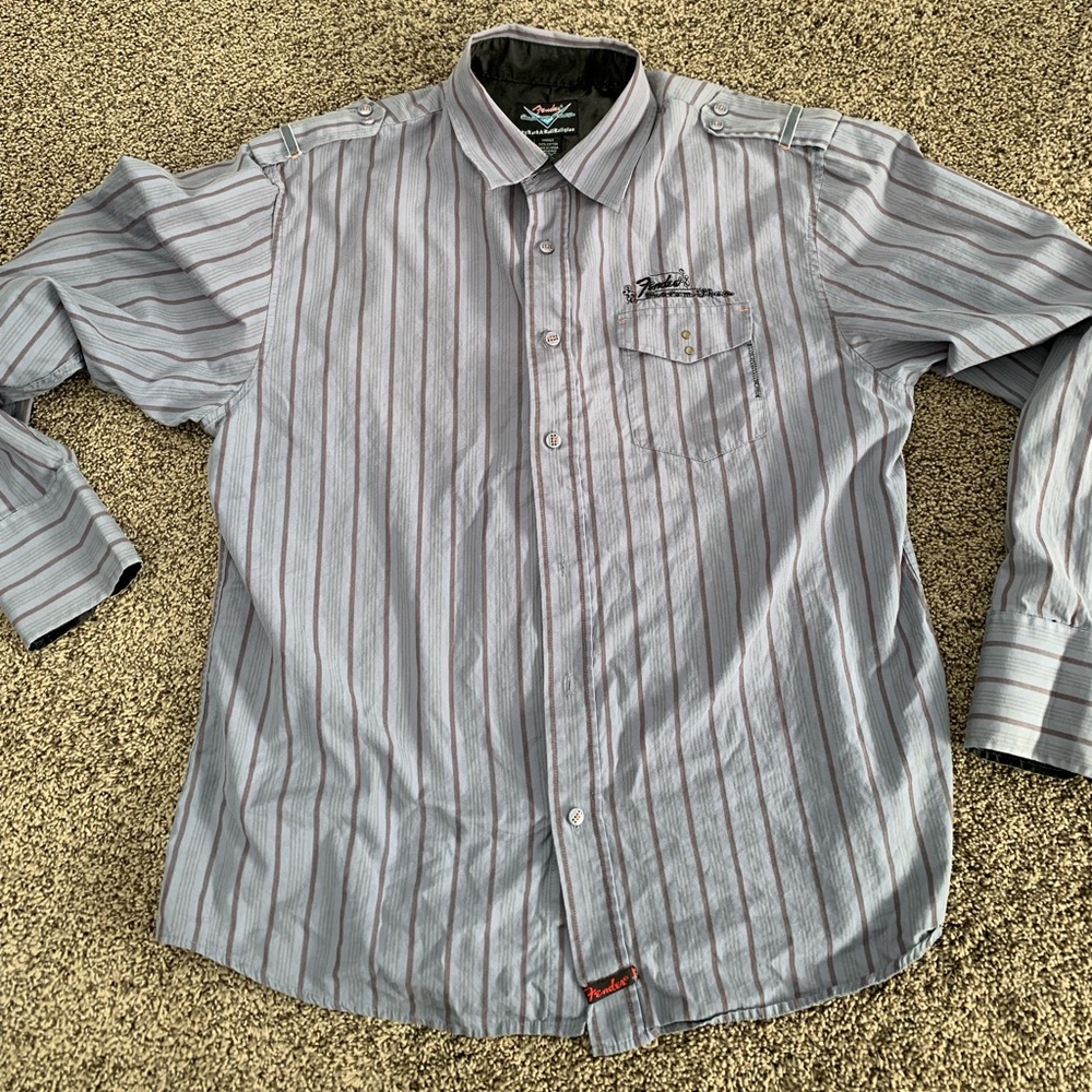 Fender XL Long Sleeve Striped Button Down Embroidered Shirt Mens Rock And Roll